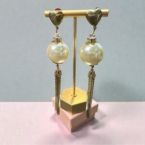 VTG Betsey Johnson Vintage Gold and Huge Faux Pearl Drop Statement Earrings